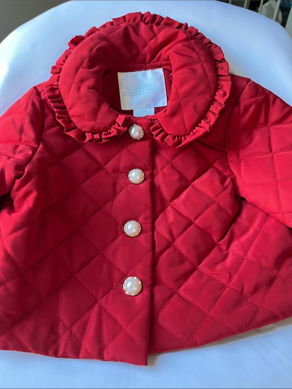 Edgehill Collection Red Quilted Jacket with Ruffle Collar and Pearl Buttons - Picture 4 of 12